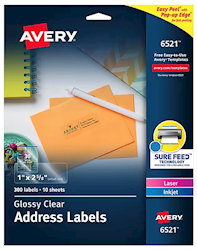 ADDRESS LABELS, AVERY, LASER/INKJET, 1" X 2 5/8", GLOSSY CLEAR, 30 LABELS/SHEET, 10 SHEETS/CT LARGE